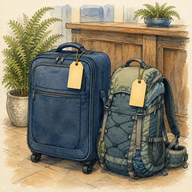 Ilustración de una maleta y una mochila cerradas con etiquetas visibles junto a una recepción
