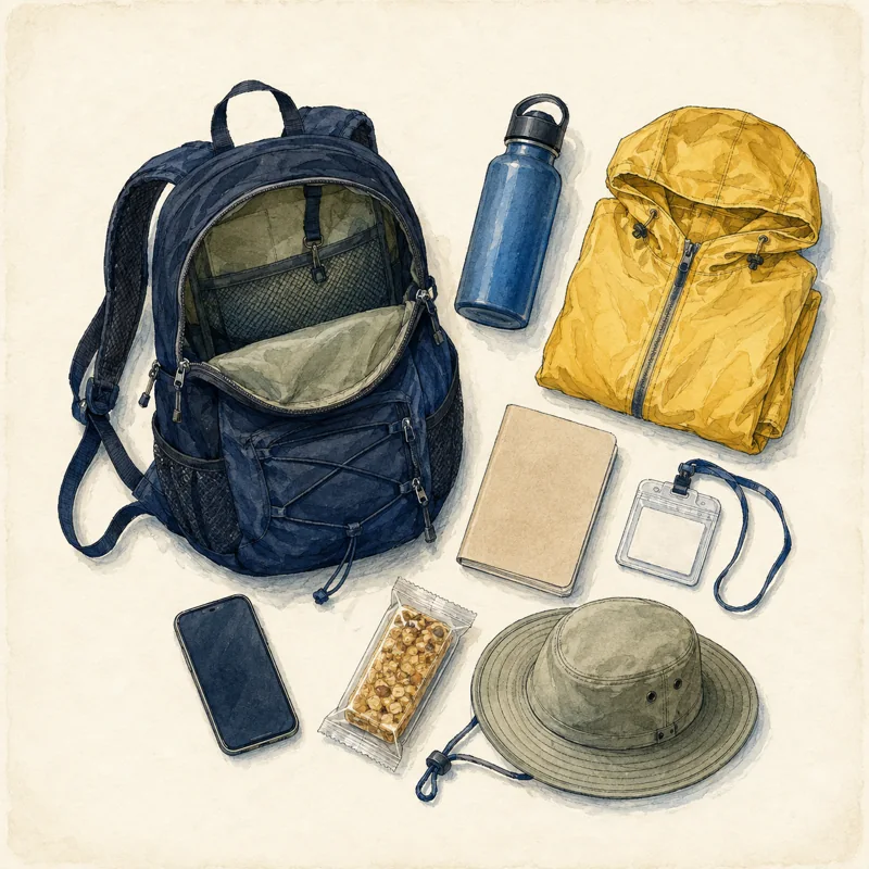 Ilustración de una mochila de día con agua, impermeable, documentación y comida